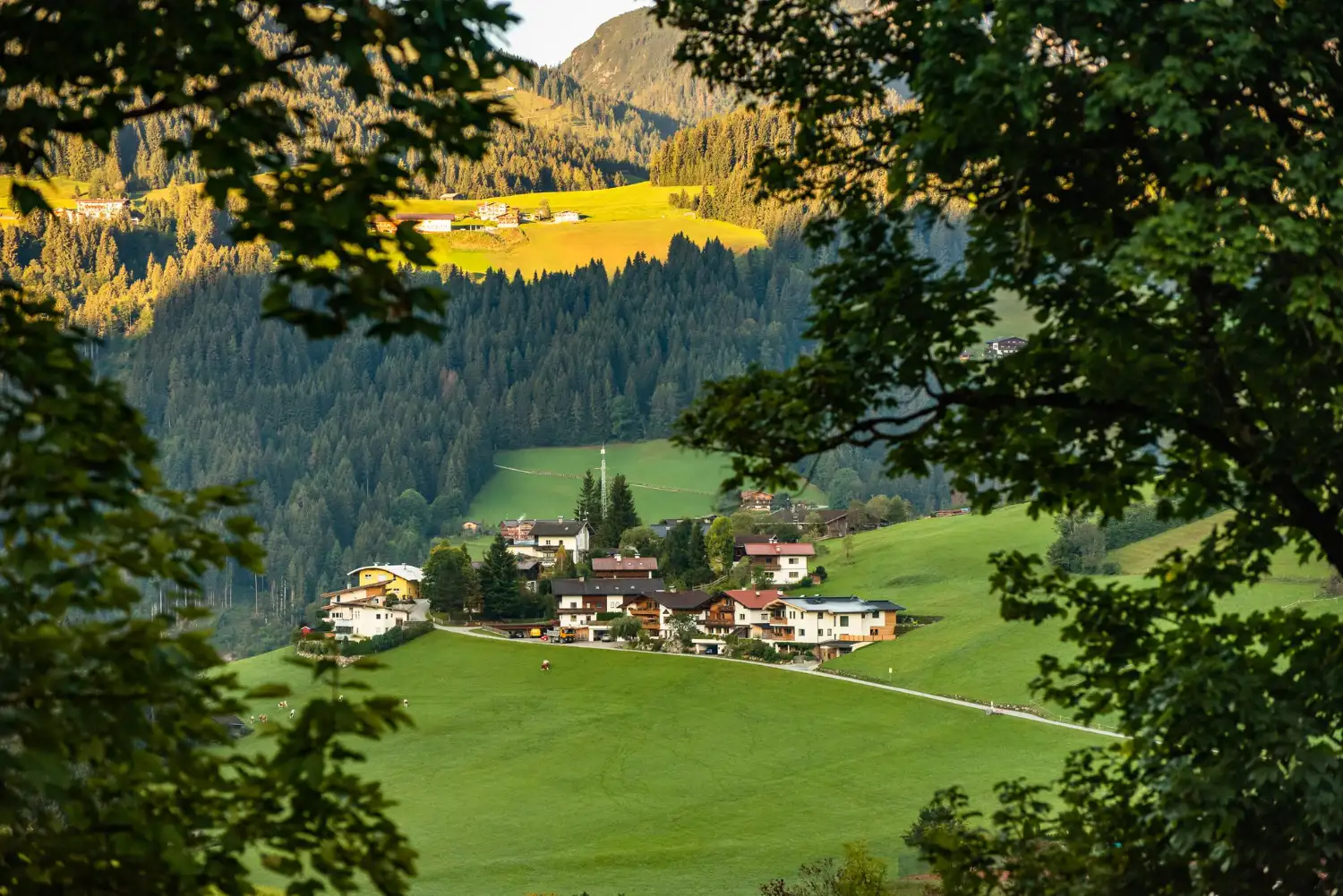 Tiroler Bergdorf mit Chalets auf grünen Wiesen, Zielregion für einen Umzug Wien Tirol
